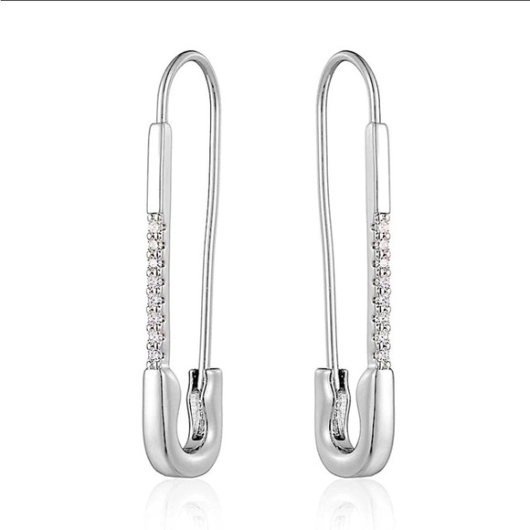 Silver Zircon Safety Pin Earrings, Minimalist, Punk, Gift For Teenager - Picture 9 of 9